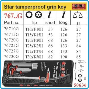 Шестограми Г-Torx с отвор и L-дръжка, к-т 6 броя, от T10H-T30H, дълги XL на 90°, ISO10664, Force, 50636.