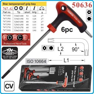 Шестограми Г-Torx с отвор и L-дръжка, к-т 6 броя, от T10H-T30H, дълги XL на 90°, ISO10664, Force, 50636.