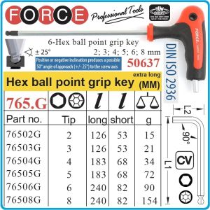 Шестограми Г-дръжка, от 2-8mm, за работа под ъгъл 25°, к-т 6 броя, дълги XL, DIN2936, Force, 50637.