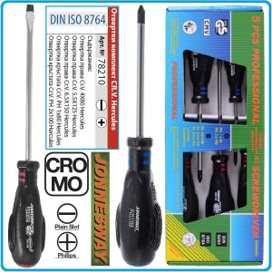 Отвертки к-т, 5 броя, SL4-6.5 и PH1-2, ISO8764 DIN5262-5, усилени CroMo, с PVC дръжка, Jackway, 78210.