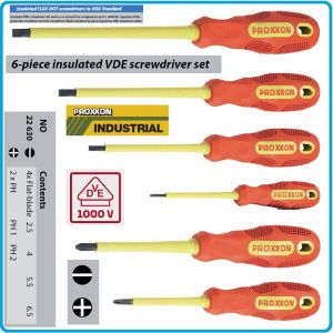 Отвертки изолирани VDE 1000V к-т, 6 броя, SL2.5-6.5 и PH1-2, CrV, с PVC дръжки, Proxxon, 22630.