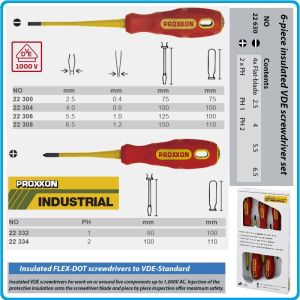 Отвертки изолирани VDE 1000V к-т, 6 броя, SL2.5-6.5 и PH1-2, CrV, с PVC дръжки, Proxxon, 22630.