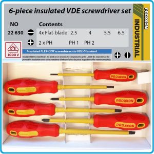 Отвертки изолирани VDE 1000V к-т, 6 броя, SL2.5-6.5 и PH1-2, CrV, с PVC дръжки, Proxxon, 22630.