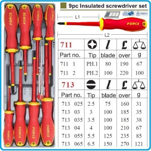 Отвертки изолирани VDE 1000V к-т, 9 броя, SL2.5-6.5 и PH1-2, CrMoV, с PVC дръжки, Force, 20916N.