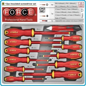 Отвертки изолирани VDE 1000V к-т, 12 броя, SL2.5-8 и PH0-3, CrMoV, с PVC дръжки, Force, 2125N.