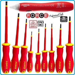 Отвертки изолирани VDE 1000V к-т, 12 броя, SL2.5-8 и PH0-3, CrMoV, с PVC дръжки, Force, 2125N.