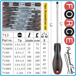 Отвертки к-т, 14 броя, SL3-8 и PH0-3, ISO8764 DIN2380, CroMo, с PVC дръжка, Force, 2142.