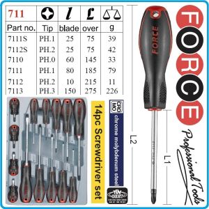 Отвертки к-т, 14 броя, SL3-8 и PH0-3, ISO8764 DIN2380, CroMo, с PVC дръжка, Force, 2142.