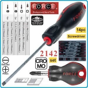 Отвертки к-т, 14 броя, SL3-8 и PH0-3, ISO8764 DIN2380, CroMo, с PVC дръжка, Force, 2142.