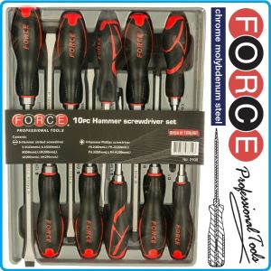 Отвертки ударни к-т, 10 броя, SL5.5-14 и PH1-4, ISO8764 DIN2380, CroMo, с PVC дръжка, Force, 2108.