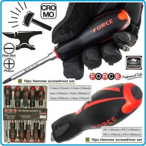 Отвертки ударни к-т, 10 броя, SL5.5-14 и PH1-4, ISO8764 DIN2380, CroMo, с PVC дръжка, Force, 2108.