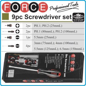 Отвертки к-т, 9 броя, SL3-6.5 и PH1-2, ISO8764 DIN2380, CroMo, с PVC дръжка, Force, 20915.