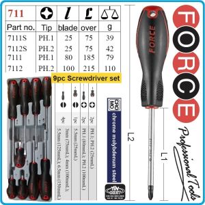 Отвертки к-т, 9 броя, SL3-6.5 и PH1-2, ISO8764 DIN2380, CroMo, с PVC дръжка, Force, 20915.