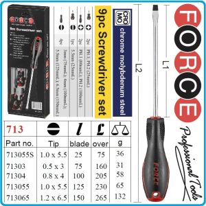 Отвертки к-т, 9 броя, SL3-6.5 и PH1-2, ISO8764 DIN2380, CroMo, с PVC дръжка, Force, 20915.