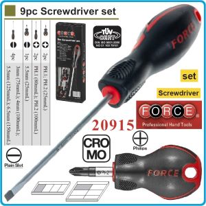 Отвертки к-т, 9 броя, SL3-6.5 и PH1-2, ISO8764 DIN2380, CroMo, с PVC дръжка, Force, 20915.