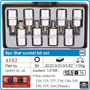 Вложки с накрайник Torx, 1/2", к-т 9ч, от T20-T60, CrV, закалени, L55x12.5mm, DIN3121, Force, 4102.