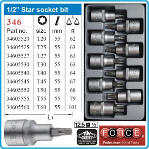 Вложки с накрайник Torx, 1/2", к-т 9ч, от T20-T60, CrV, закалени, L55x12.5mm, DIN3121, Force, 4102.