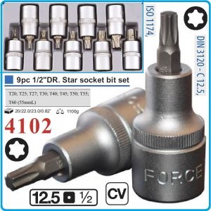 Вложки с накрайник Torx, 1/2", к-т 9ч, от T20-T60, CrV, закалени, L55x12.5mm, DIN3121, Force, 4102.