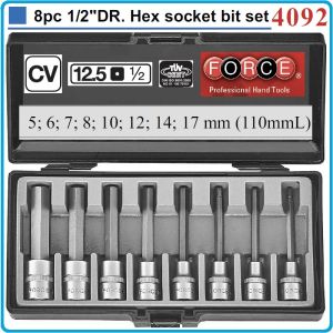 Вложки с накрайник, 1/2", к-т 8ч, шестограми L110mm, от 5 - 17 mm, CrV, 12.5mm, Force, 4092.