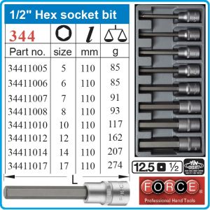 Вложки с накрайник, 1/2", к-т 8ч, шестограми L110mm, от 5 - 17 mm, CrV, 12.5mm, Force, 4092.