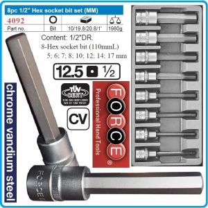 Вложки с накрайник, 1/2", к-т 8ч, шестограми L110mm, от 5 - 17 mm, CrV, 12.5mm, Force, 4092.
