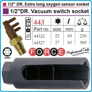 Вложка за дюзи, шестостен 22-27 mm, ключ специален, Vacuum switch, 1/2", h 85 mm, Force, 44322-7.