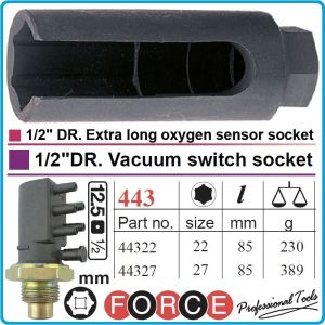 Вложка за дюзи, шестостен 22-27 mm, ключ специален, Vacuum switch, 1/2", h 85 mm, Force, 44322-7.