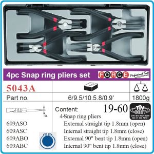 Клещи за зегери, к-т 4 броя, Ø1.9x180mm, прави и извити на 90°, DIN471 - DIN983, Force, 5043A.