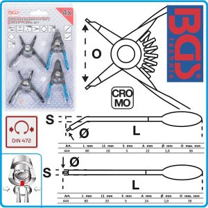 Клещи за зегери, мини, к-т 4 броя, Ø1.0x80mm, прави и извити на 45°, DIN471 - DIN983, BGS, 444.