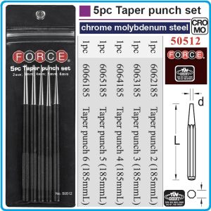 Пробои конусни к-т 5 части, за сглобки и щифтове, Ø2 - Ø6x185mmL, DIN6458, Force, 50512.