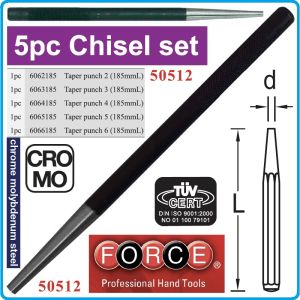 Пробои конусни к-т 5 части, за сглобки и щифтове, Ø2 - Ø6x185mmL, DIN6458, Force, 50512.