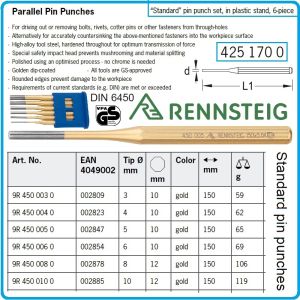 Избивачи цилиндрични к-т 6 части, за щифтове, Ø3-Ø10x150mmL, DIN6450, RENNSTEIG, 4251700.
