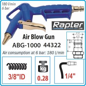 Пистолет за обдухване, пневматичен, 6Bar, 180l/min, Eco - compact, Rapter, ABG-1000.