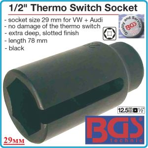 Вложка за дюзи с шлиц 29 mm, ключ специален, Thermo Switch, 1/2&quot;, h 78 mm, BGS, 2537.