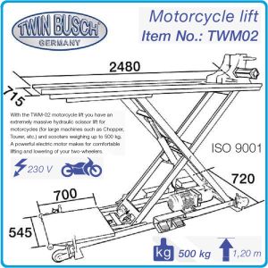 Подемник за мотоциклети, платформа електрохидравлична, 500Kg, h1200mm, Twin Busch, TWM02.