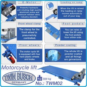 Подемник за мотоциклети, платформа електрохидравлична, 500Kg, h1200mm, Twin Busch, TWM02.