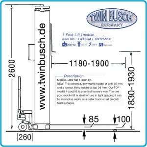 Подемник едноколонен, 2.5t, хидравличен крик с телескопични рамена, ISO 9001, Twin Busch, TW 125 M