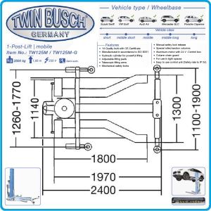 Подемник едноколонен, 2.5t, хидравличен крик с телескопични рамена, ISO 9001, Twin Busch, TW 125 M