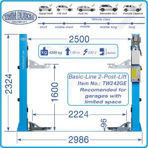 Подемник двуколонен, 4.2t, за ниски и тесни помещения, с електромагнитни спирачки, Twin Busch, TW 242 GE