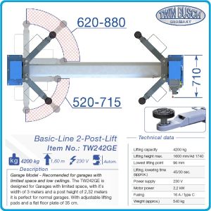 Подемник двуколонен, 4.2t, за ниски и тесни помещения, с електромагнитни спирачки, Twin Busch, TW 242 GE