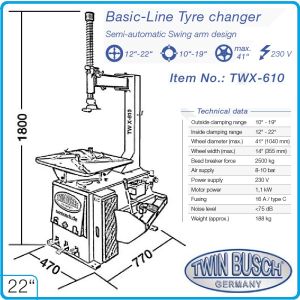 2в1, Баланс и демонтаж машини за гуми, к-т 10"-24″, 230V - 1.1kW, полуавтоматични, Twin Busch, TWF-150 + TWX-610.