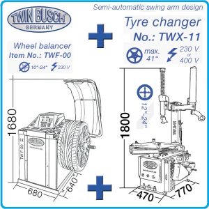 2в1, Баланс и демонтаж машини за гуми, к-т 10"-24″, 230V-400V - 1.1kW, полуавтоматични, Twin Busch, TWF-00 + TWX-11.