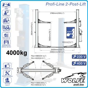 Подемник двуколонен, 4.0t, с електромагнитно заключване, крик електрохидравличен, WOLFE, W40-2DE