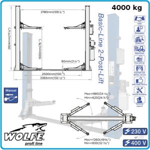 Подемник двуколонен, 4.0t, долна синхронизация, крик електрохидравличен, WOLFE, W40-2D