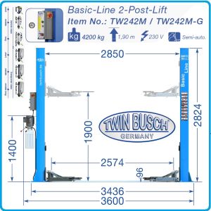 Подемник двуколонен, 4.2t, крик, долна синхронизация и ръчни спирачки, Twin Busch, TW 242 M.