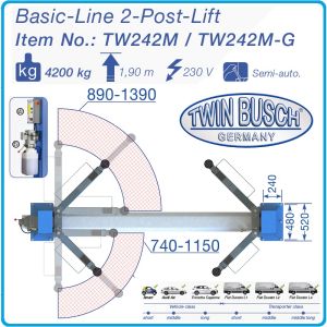 Подемник двуколонен, 4.2t, крик, долна синхронизация и ръчни спирачки, Twin Busch, TW 242 M.