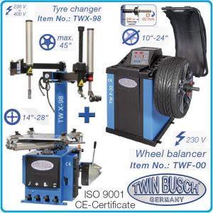 2в1, Баланс и демонтаж машини за гуми, к-т 10"-24″-28", 1.1kW, полуавтомат, Twin Busch, TWF-00 + TWX-98.