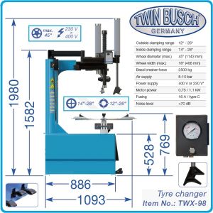 2в1, Баланс и демонтаж машини за гуми, к-т 10"-24″-28", 1.1kW, полуавтомат, Twin Busch, TWF-00 + TWX-98.
