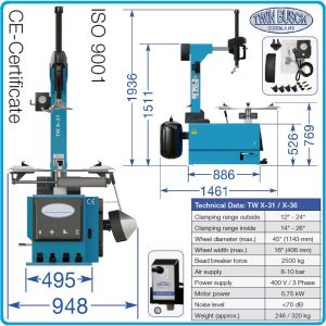 2в1, Баланс и демонтаж машини за гуми, к-т 10"-26″, 1.1kW, TFT дисплей, Twin Busch, TWF-95 + TWX-31.