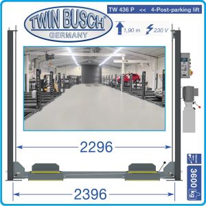 Подемник четириколонен, 3.6t, паркинг система, хидравличен, 230V, 2.2kW, Twin Busch, TW 436P-230G.